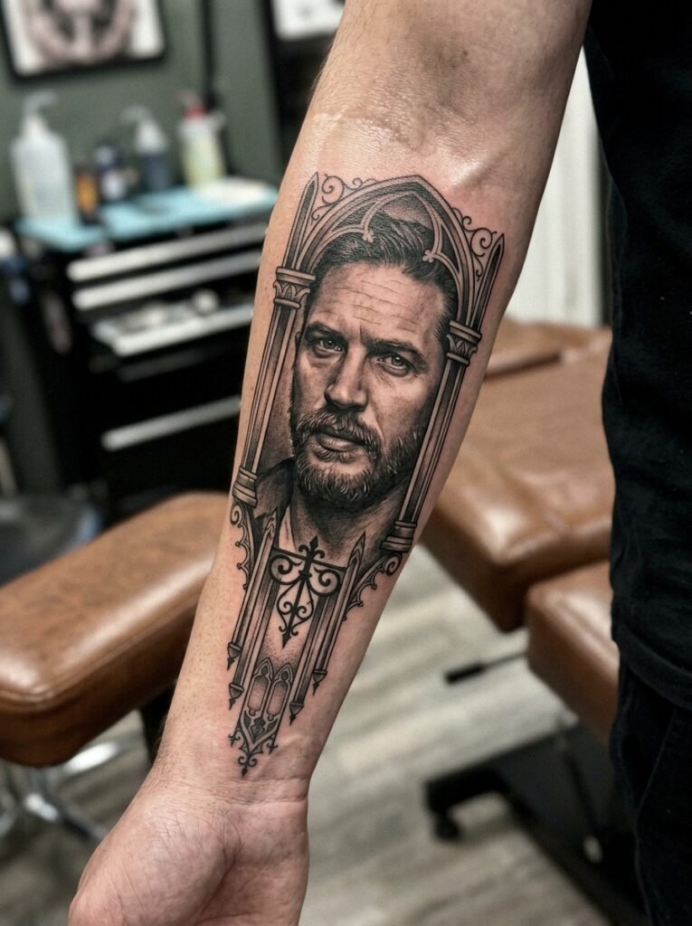 black and grey portrait tattoo