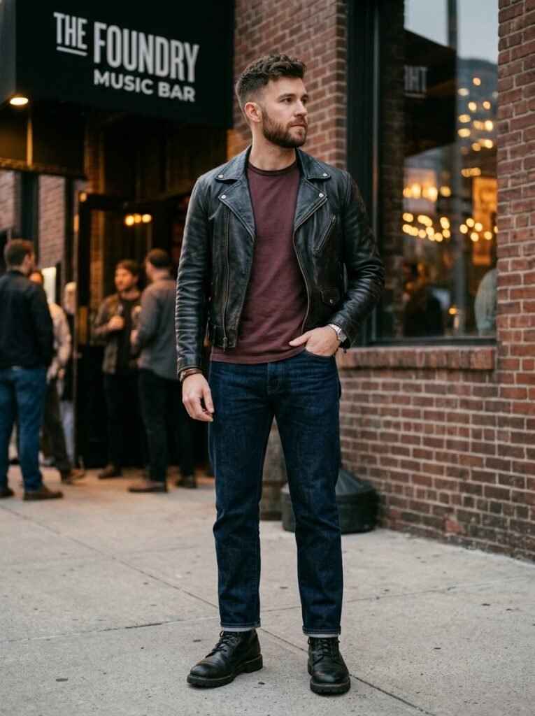 mens black leather jacket outfit ideas