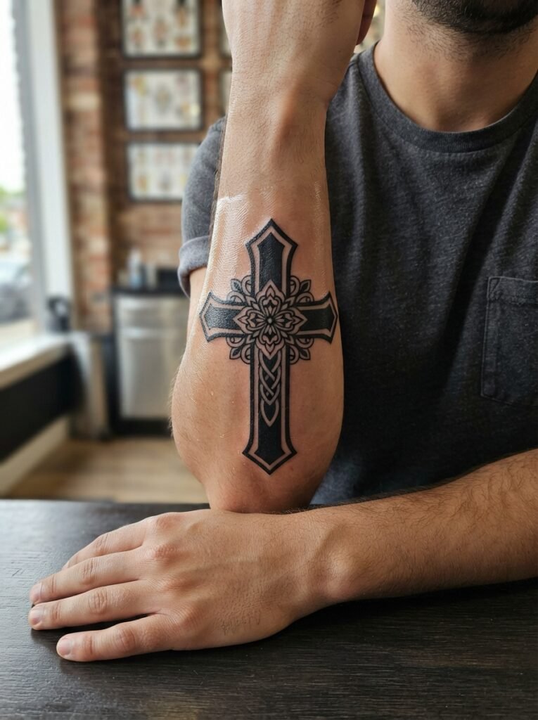 blackwork christian cross tattoo