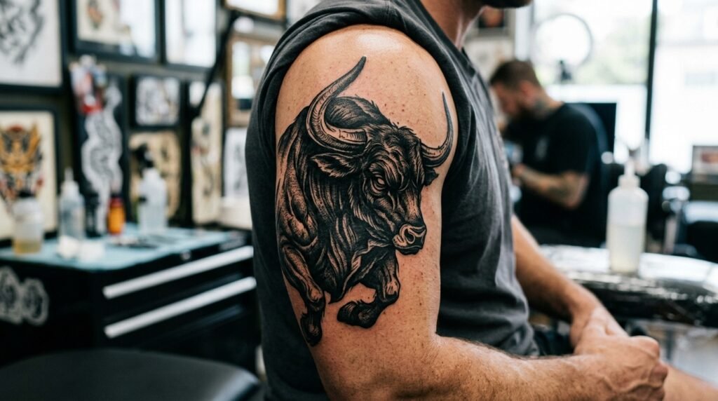 blackwork bull upper arm tattoo