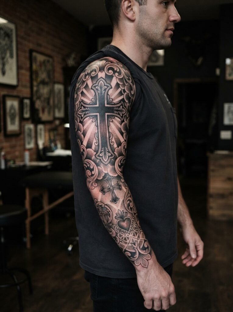 Cross Sleeve Tattoo Ideas