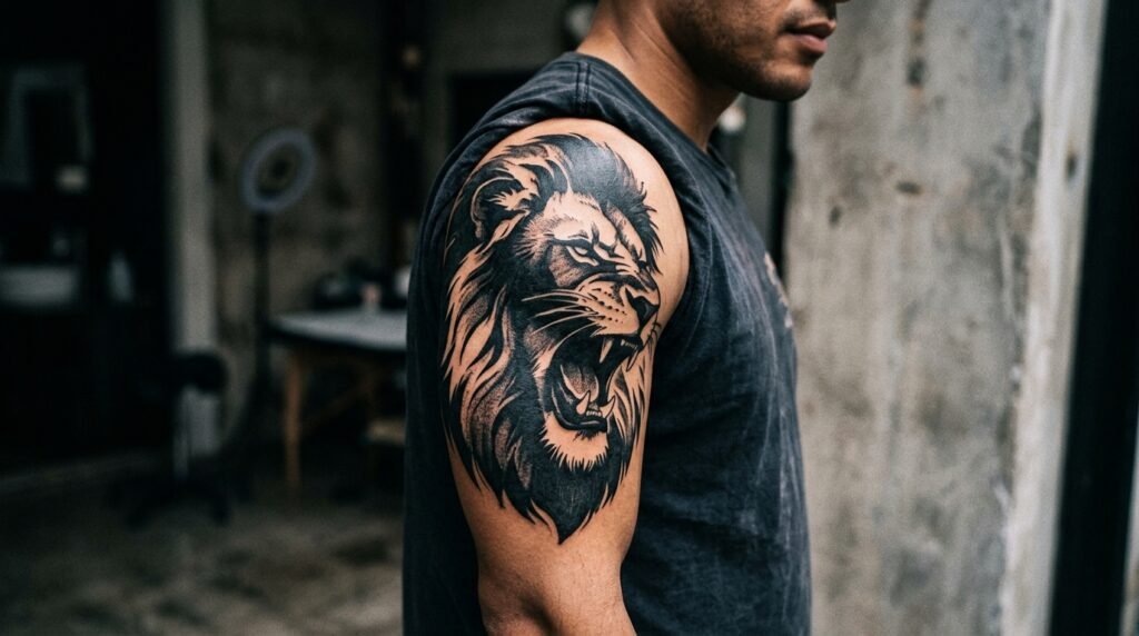 blackwork lion sleeve
