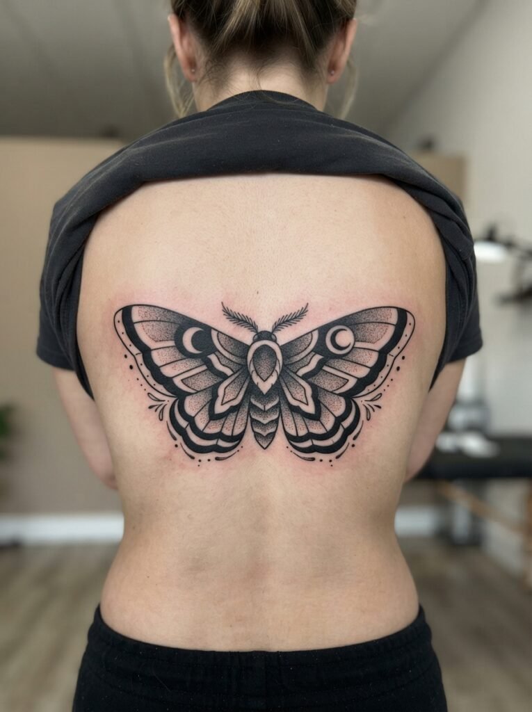 blackwork moth tattoo