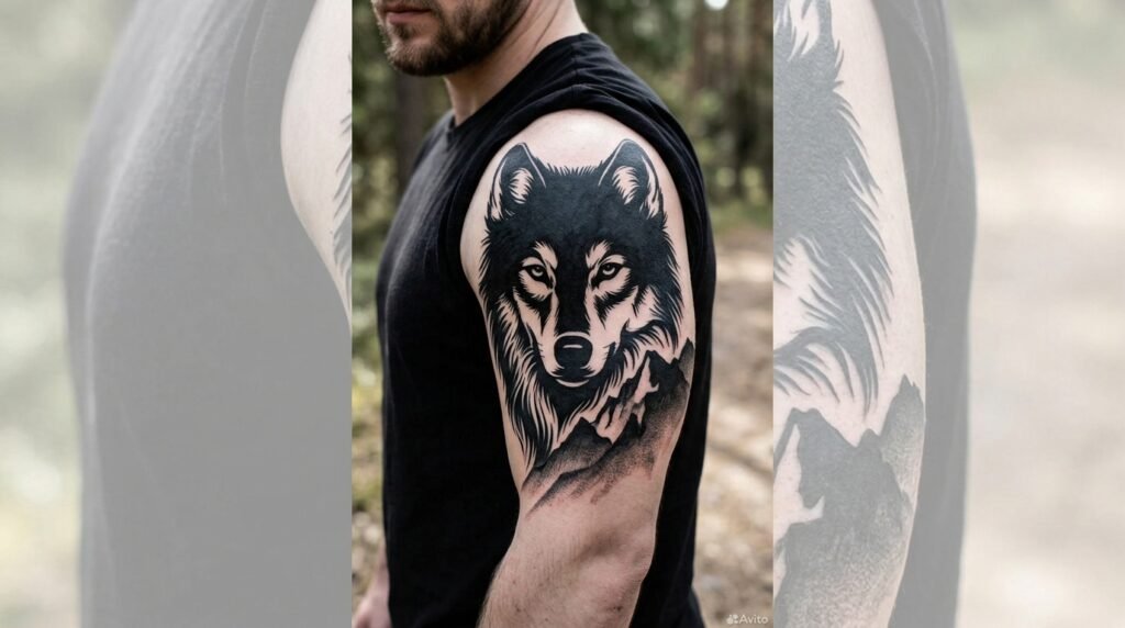 blackwork wolf sleeve tattoo