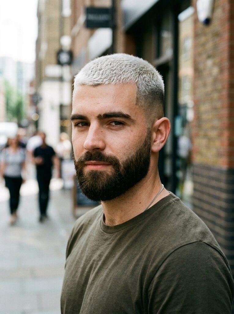 bleached buzz cut beard