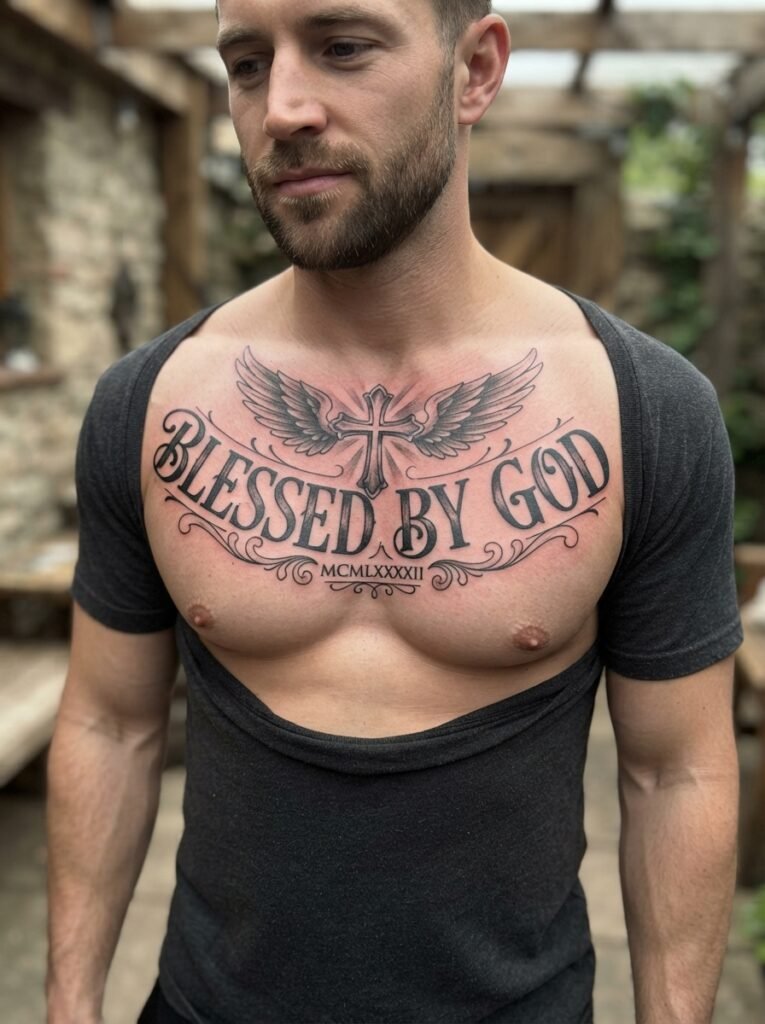 blessed by god chest tattoo