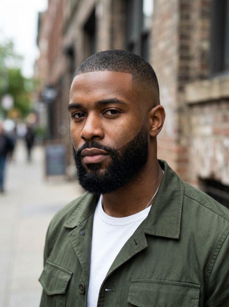 high fade buzz cut with full beard