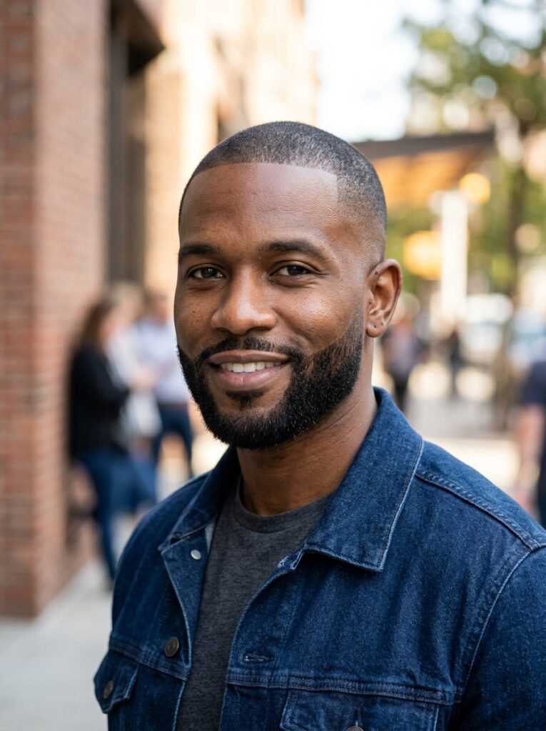 low fade buzz cut with short beard