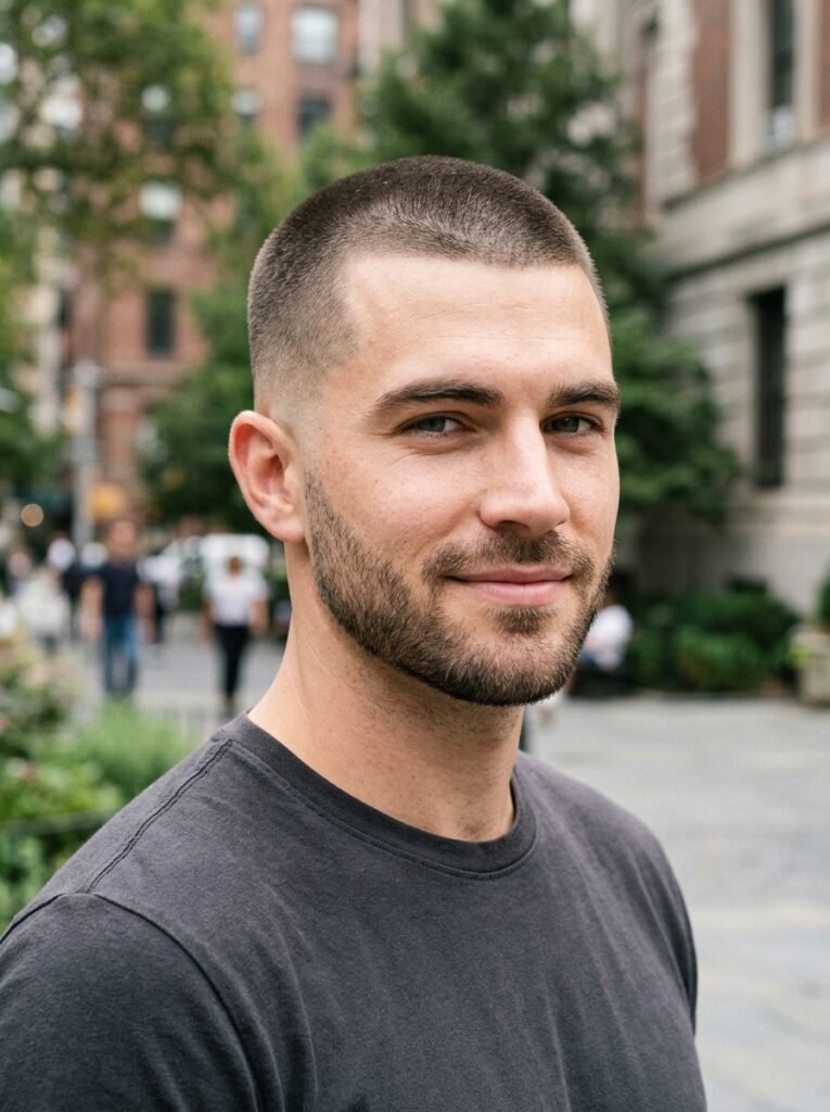 mid fade buzz cut with stubble