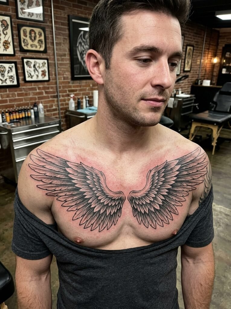 Chest angel wings tattoo for men