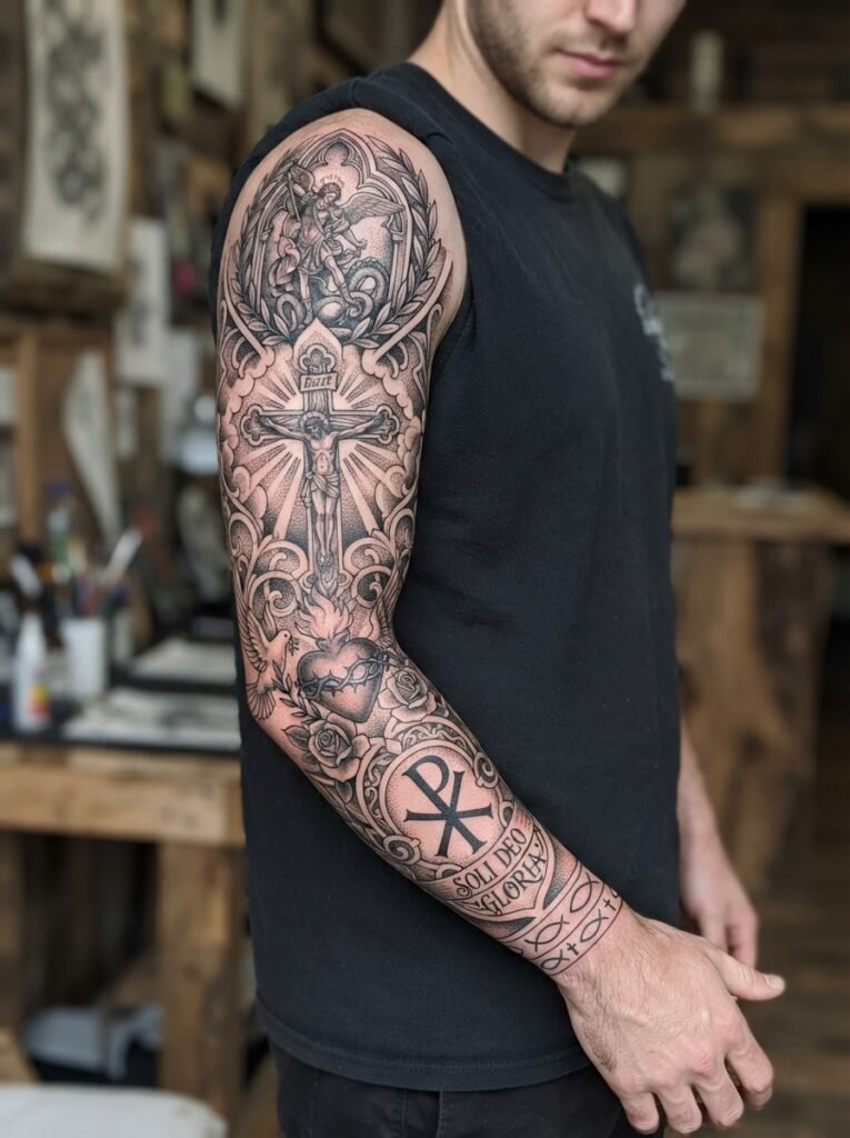 aesthetic christian tattoo sleeve