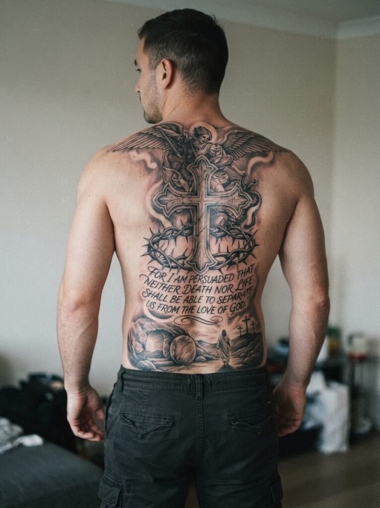 christian back tattoo men