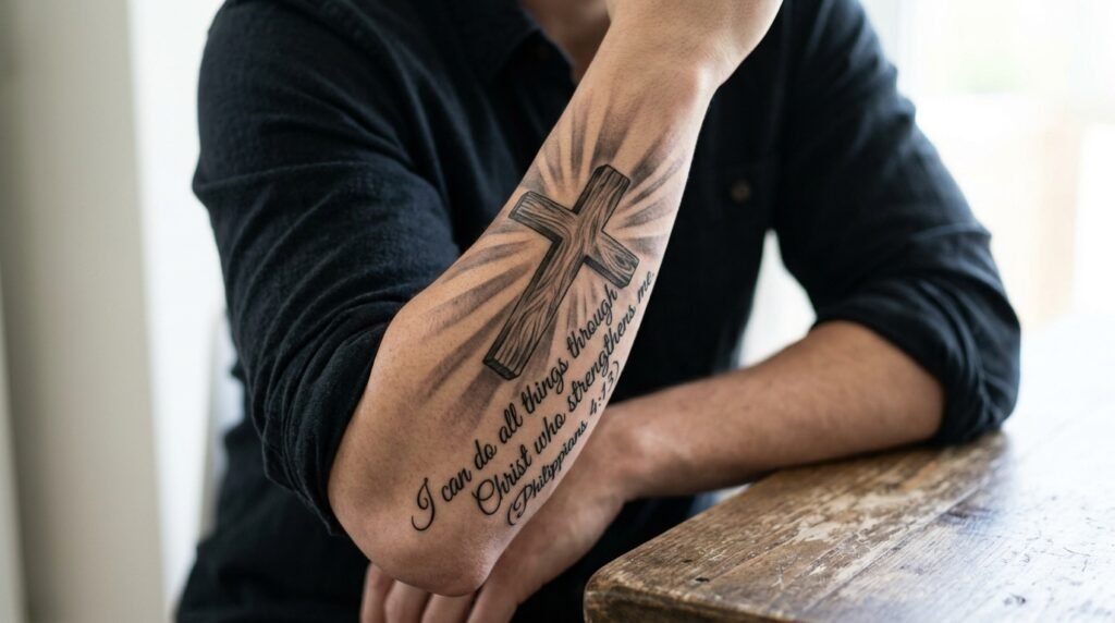Christian cross sleeve tattoo