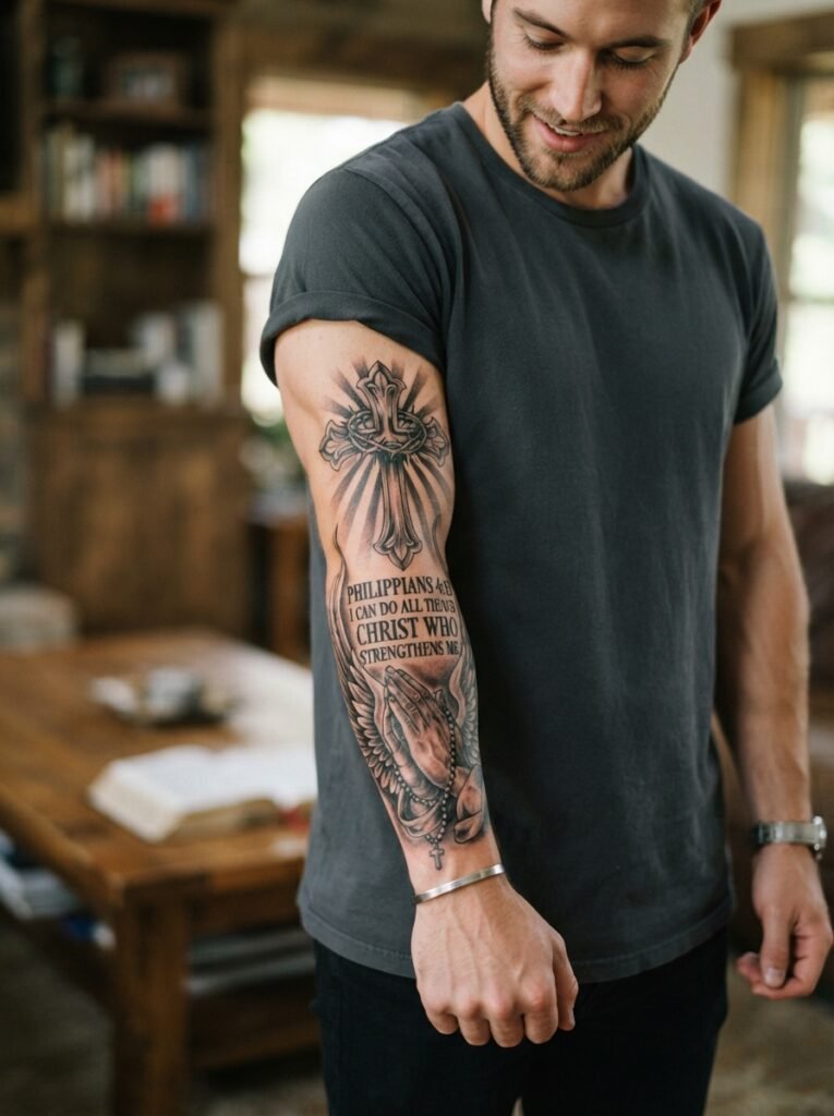 christian forearm tattoo men