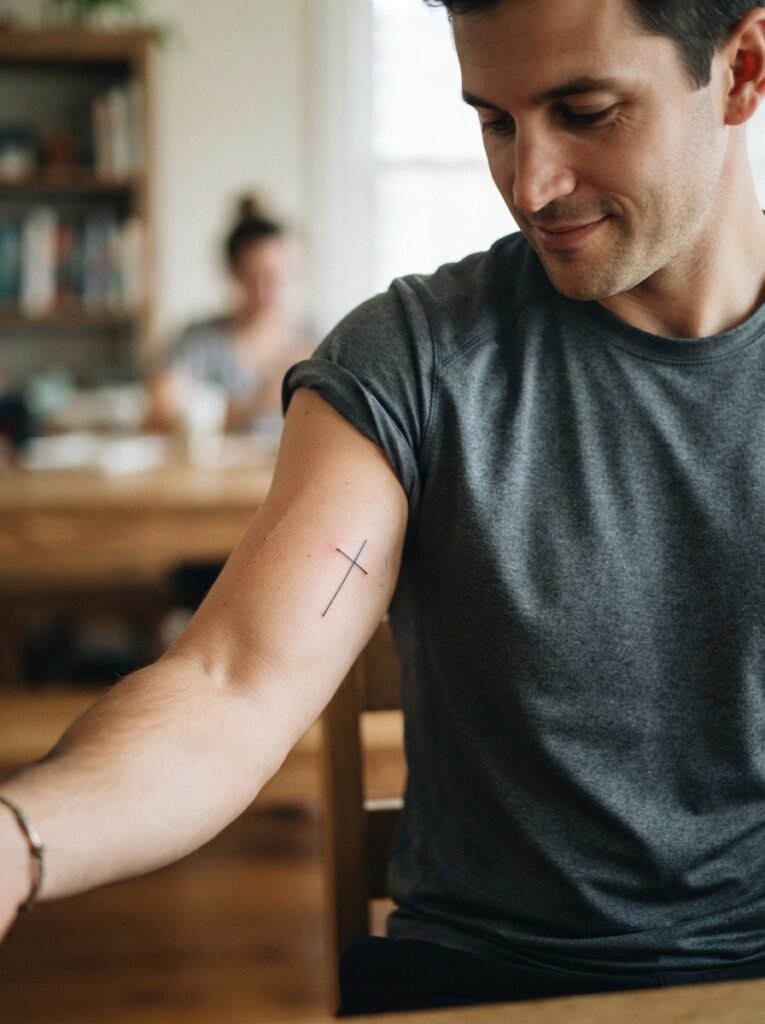 christian inner bicep tattoo