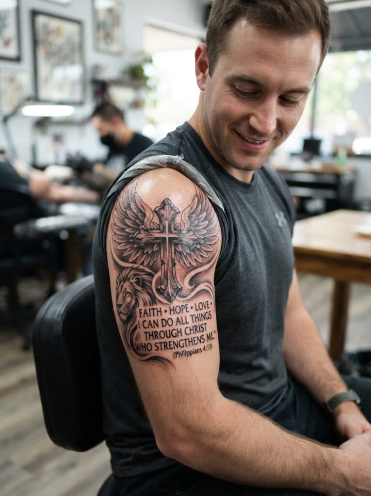 christian upper arm tattoo