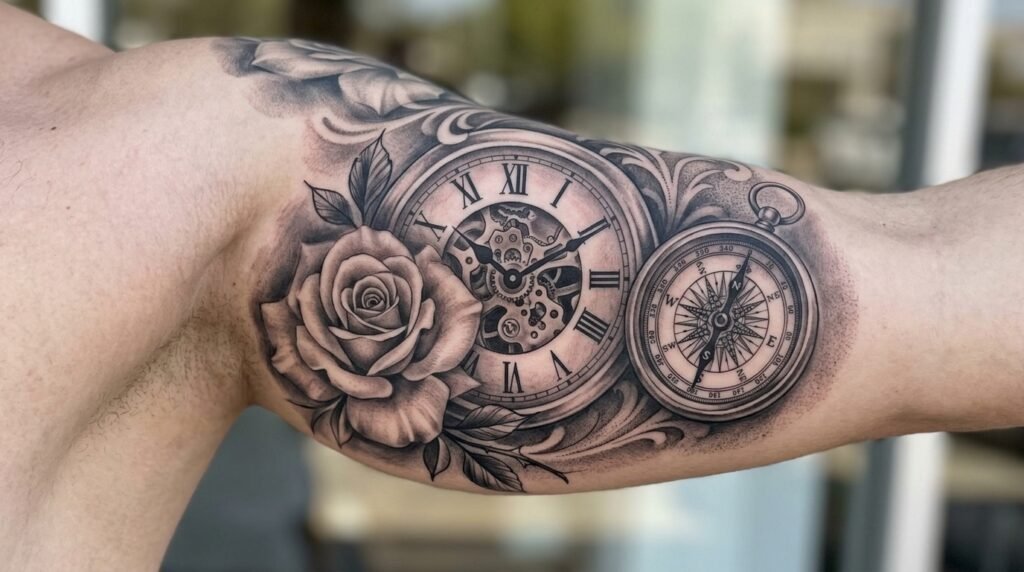 clock rose tattoo sleeve