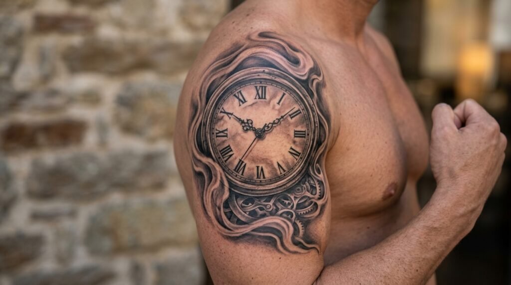 clock upper arm tattoo