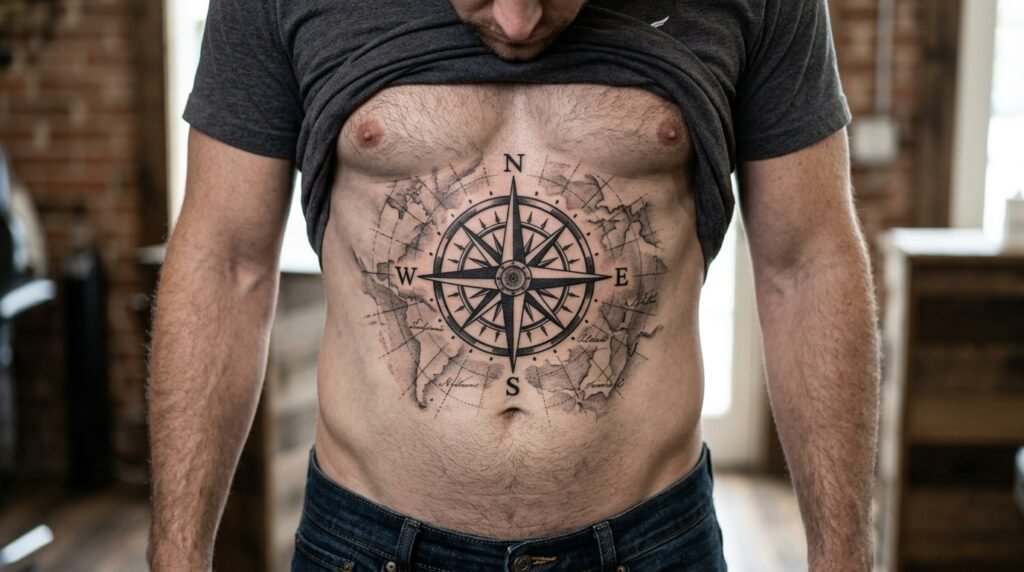 compass belly tattoo men