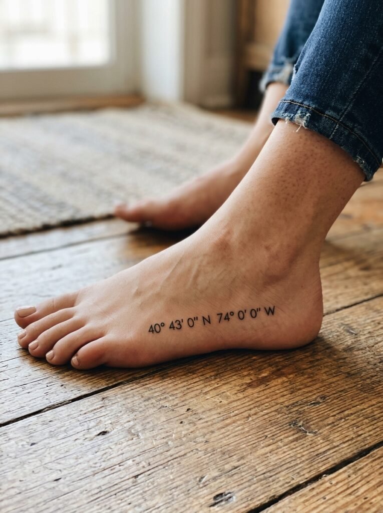 Minimal coordinates foot tattoo