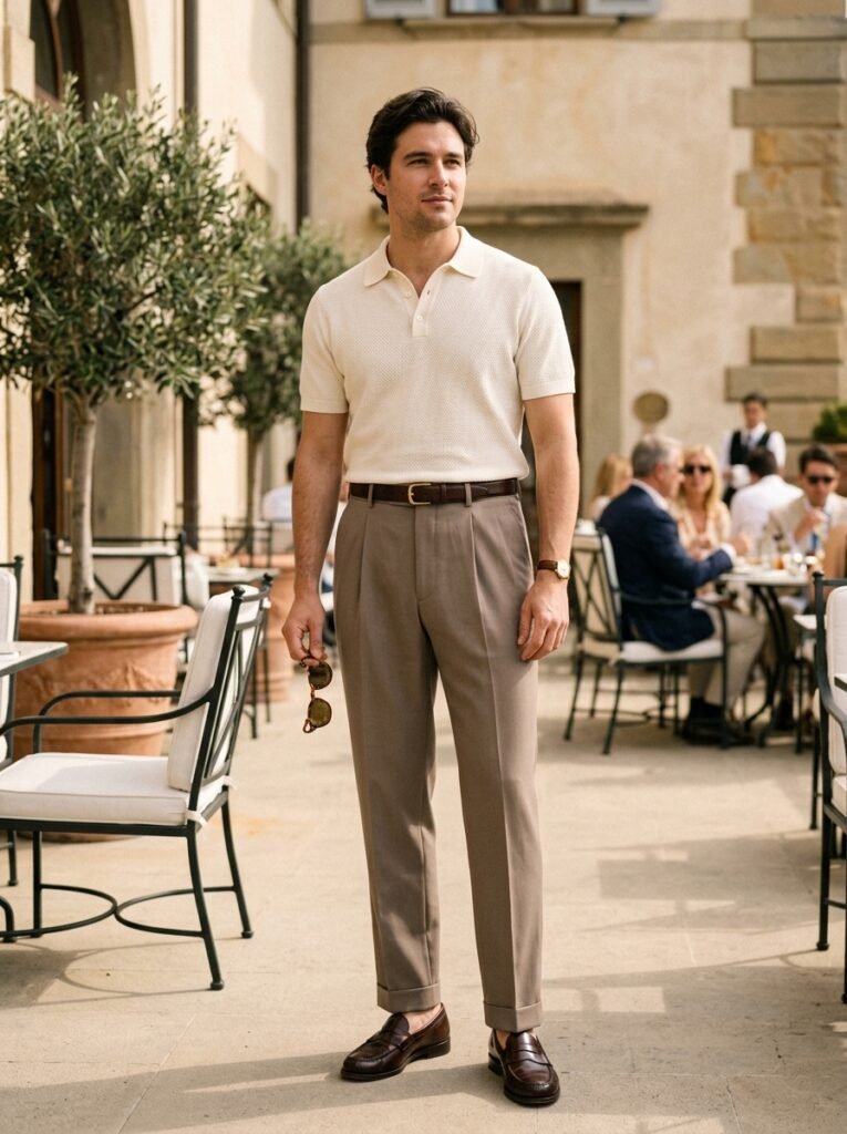 cream polo trouser outfit men
