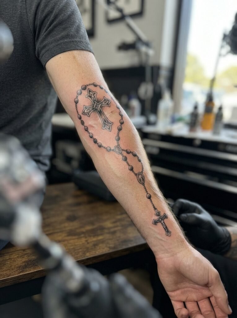 cross rosary tattoo men