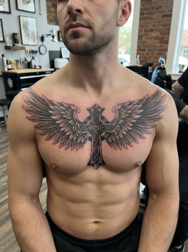 Cross Wings Chest Tattoo