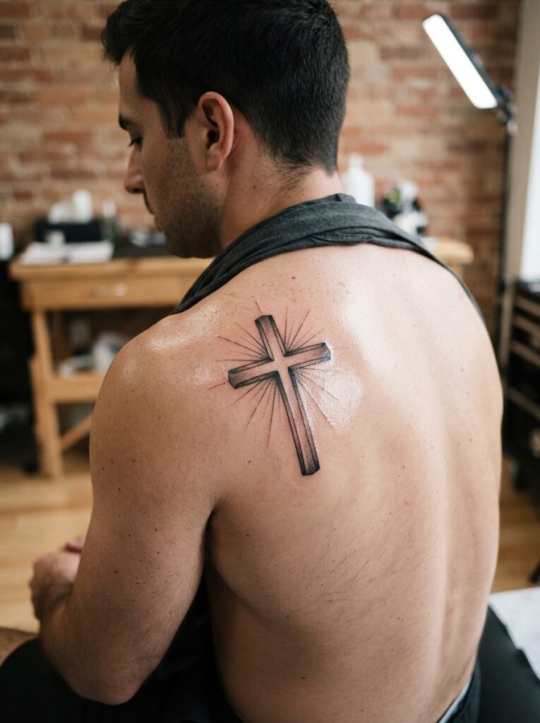 Christian shoulder blade tattoo