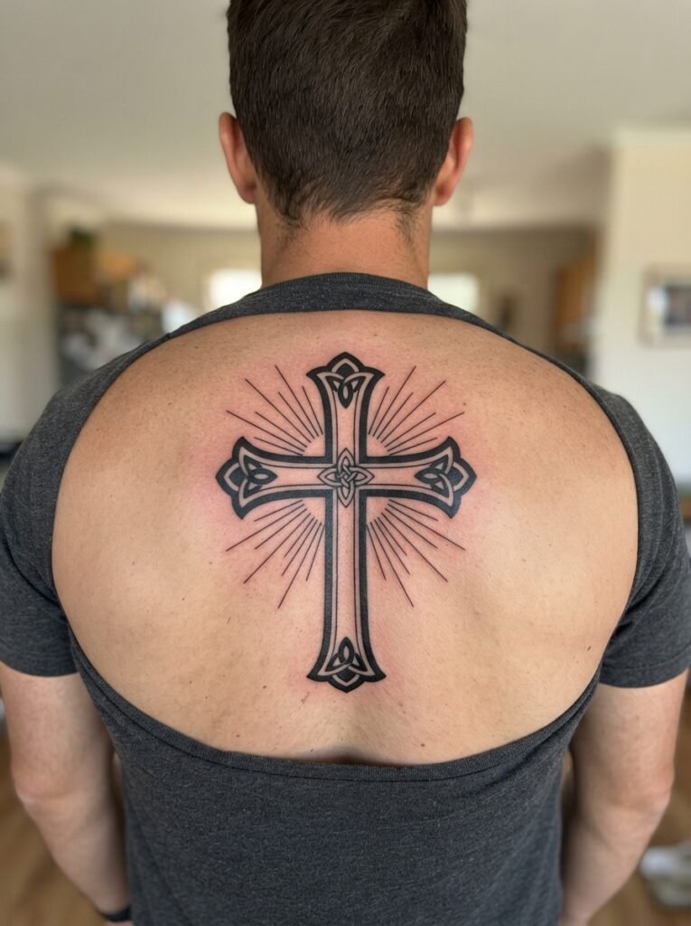 cross upper back tattoo