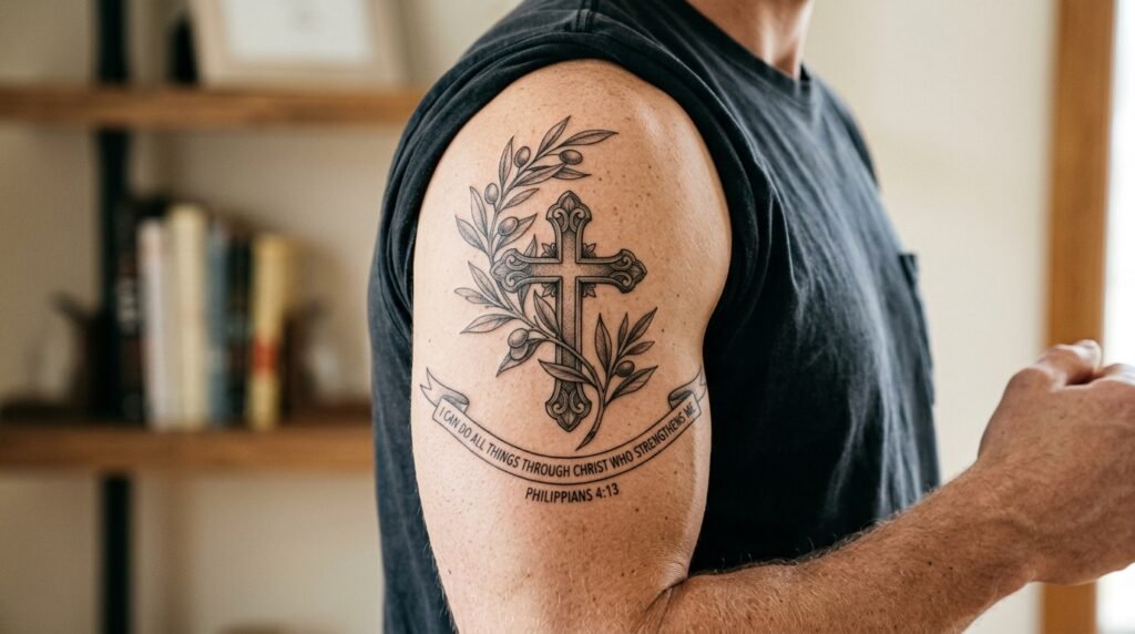 cross upper arm bible verse tattoo