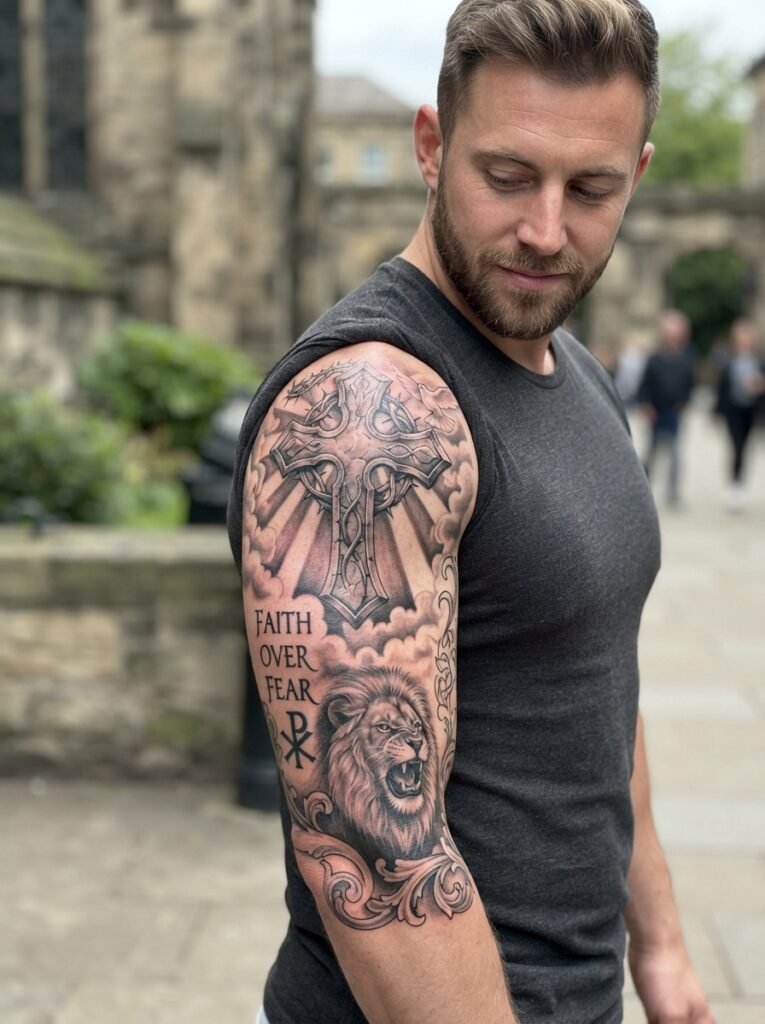 christian half sleeve tattoo men