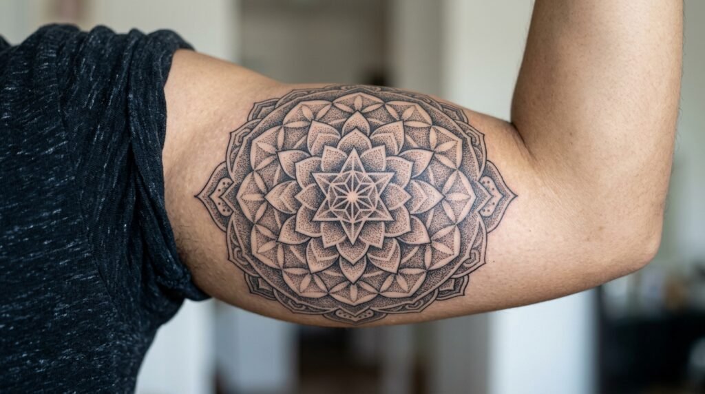 dotwork mandala upper arm tattoo