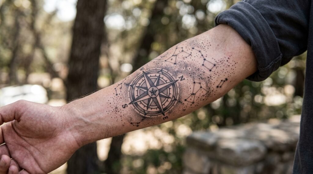 dotwork compass forearm tattoo