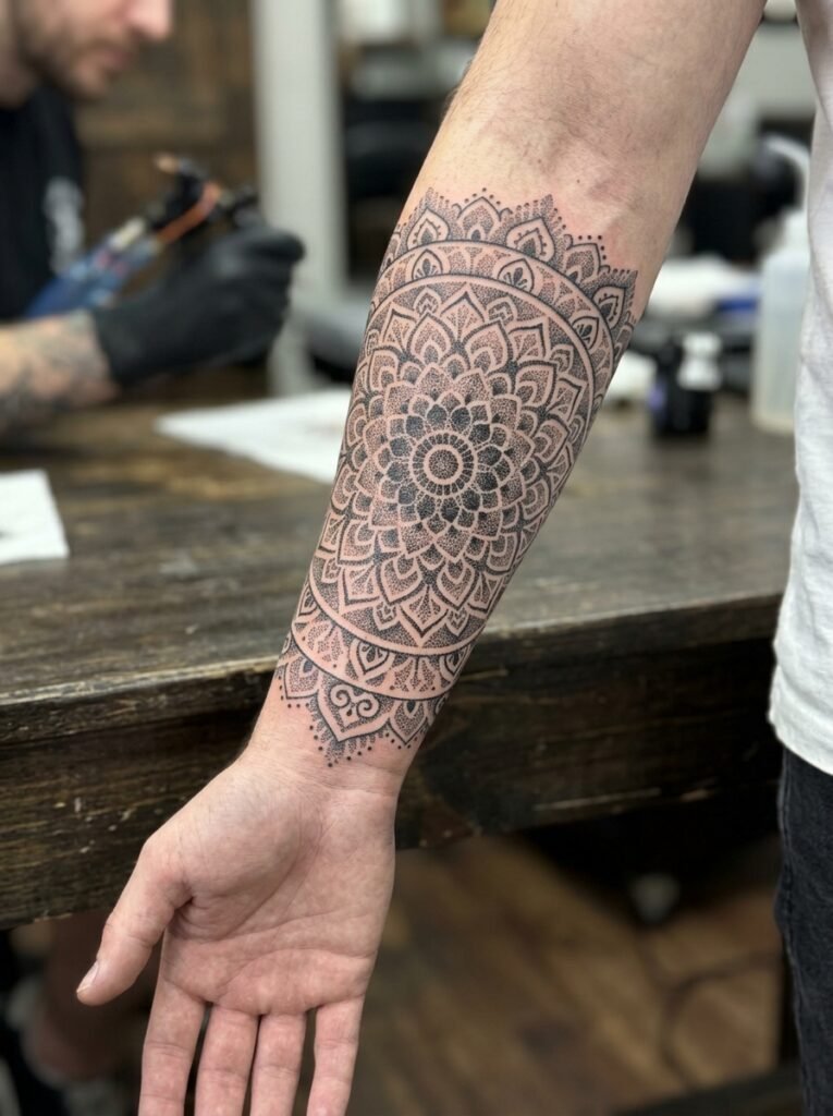 dotwork lower arm tattoo