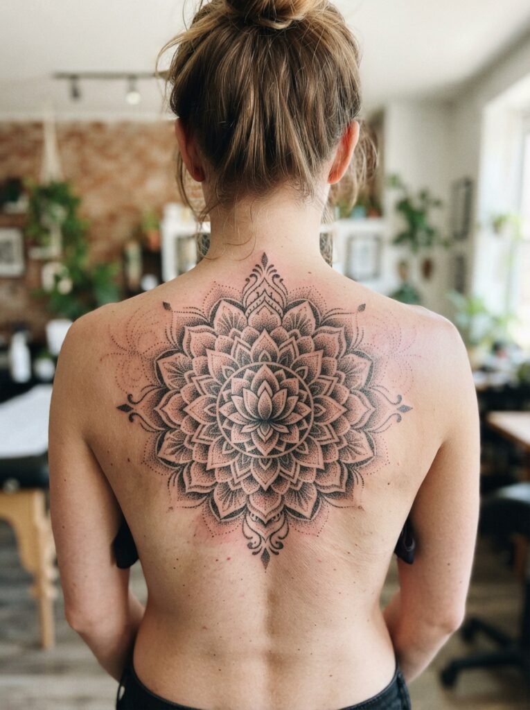 dotwork upper back tattoo