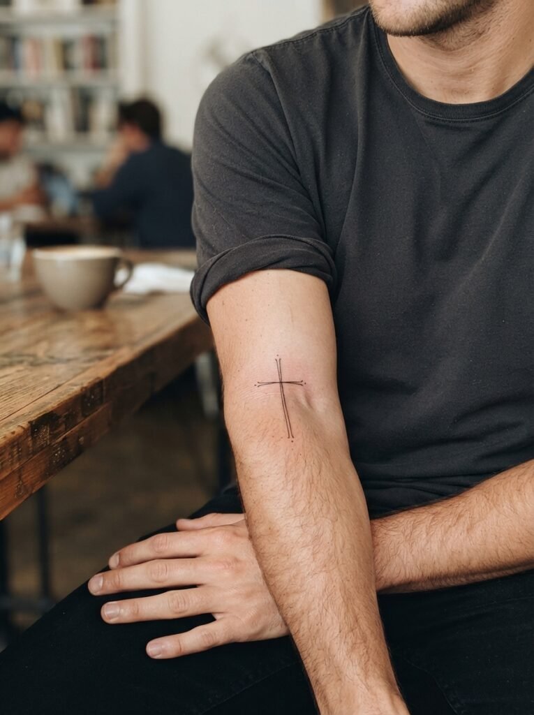 Fine Line Cross Tattoo