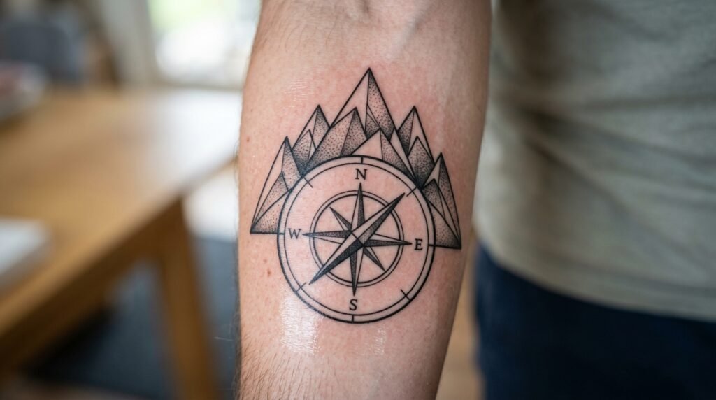 geometric mountain compass tattoo