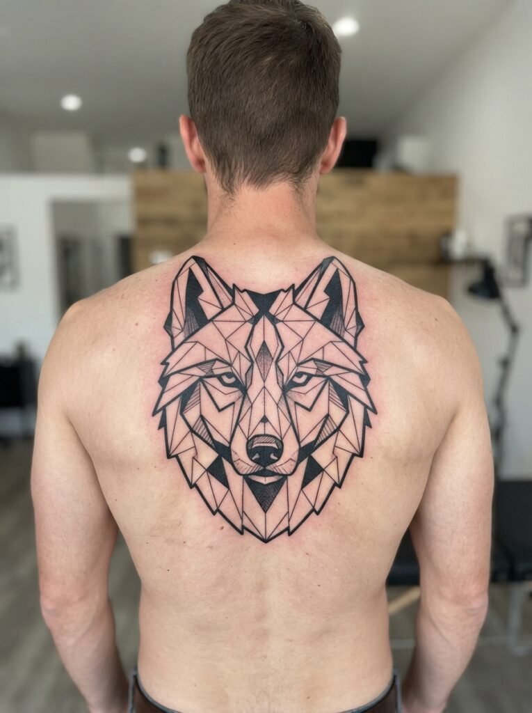 geometric wolf back tattoo