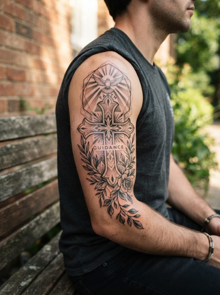 god cross arm tattoo