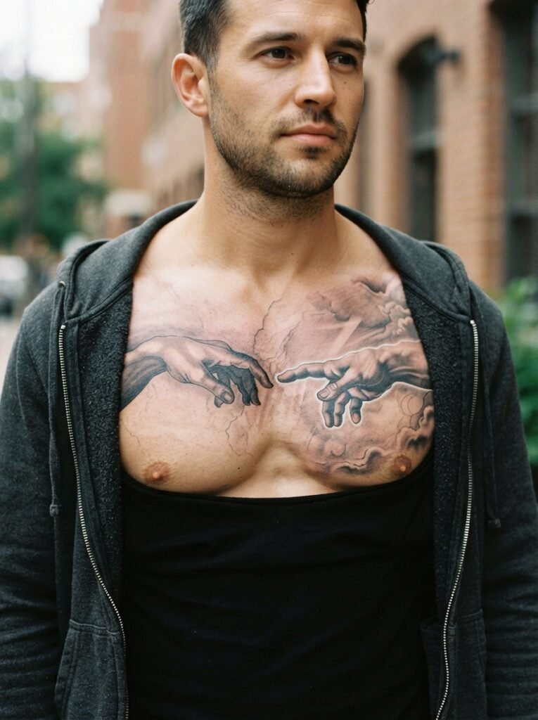 god hands chest tattoo
