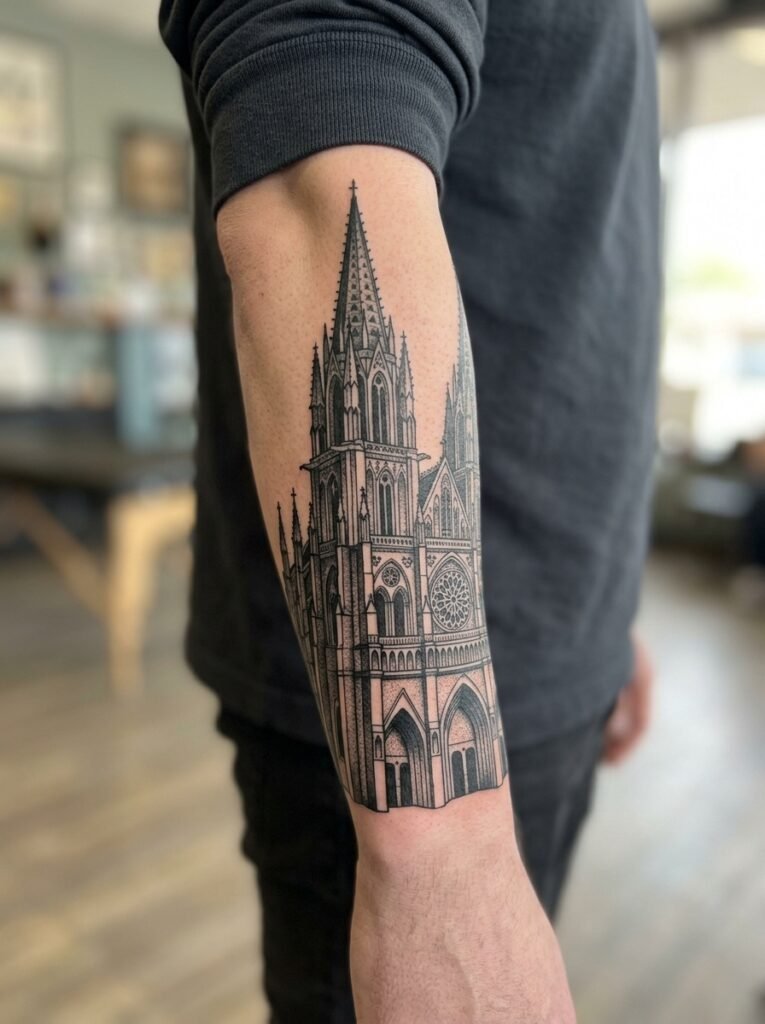 gothic cathedral forearm tattoo