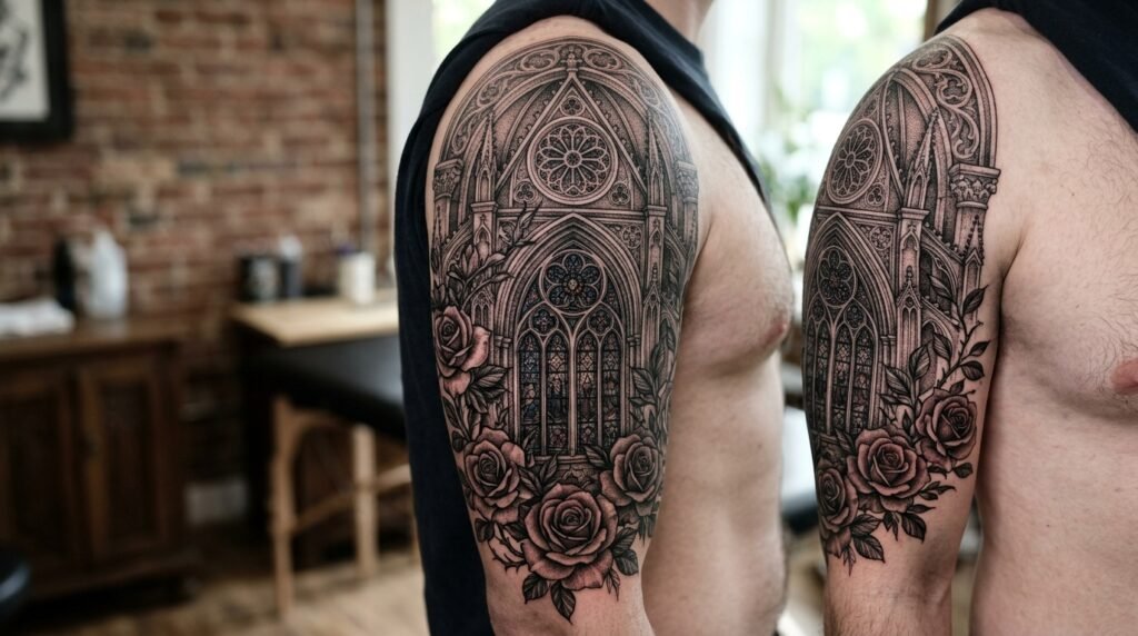 gothic cathedral upper arm tattoo