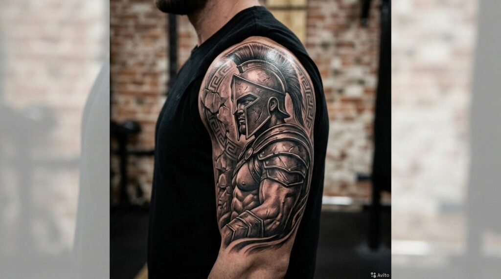 greek warrior shoulder tattoo