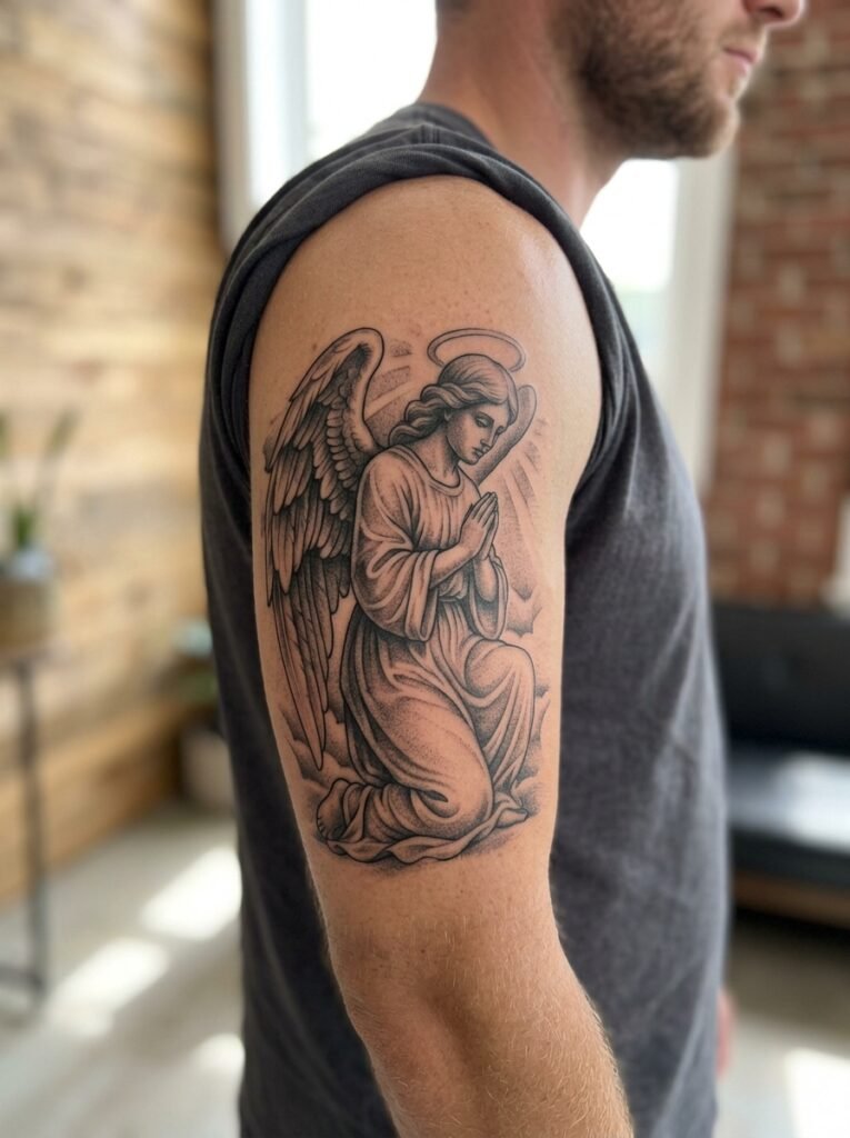 Inner bicep angel tattoo for men
