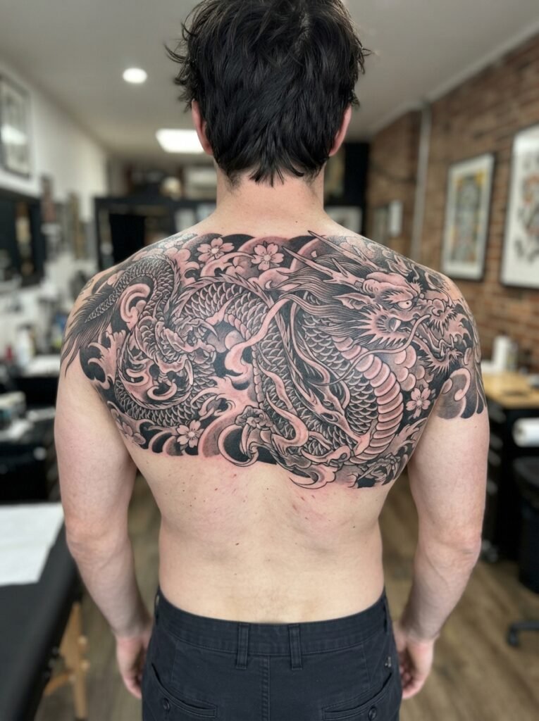 Japanese dragon back tattoo