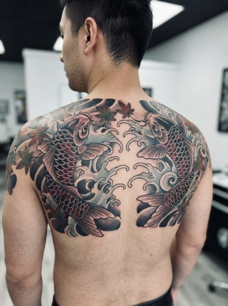 Japanese koi back tattoo