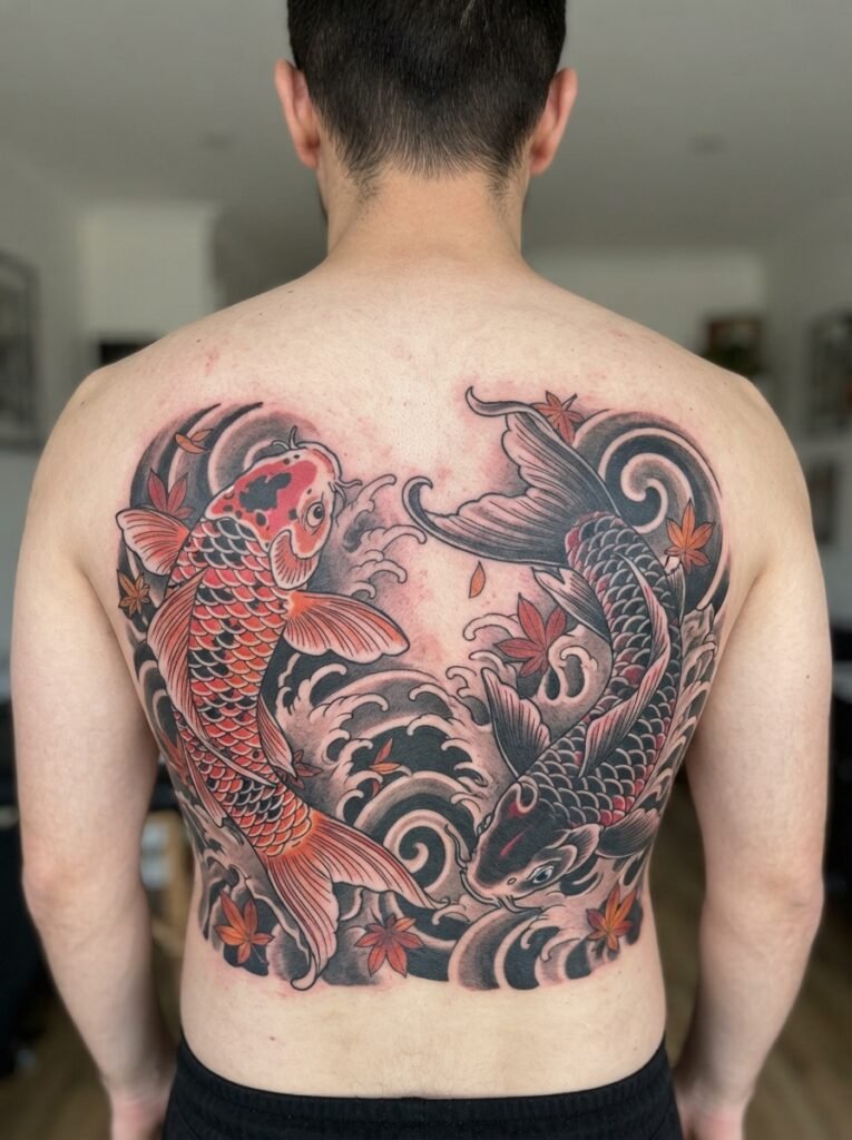 Japanese koi back tattoo