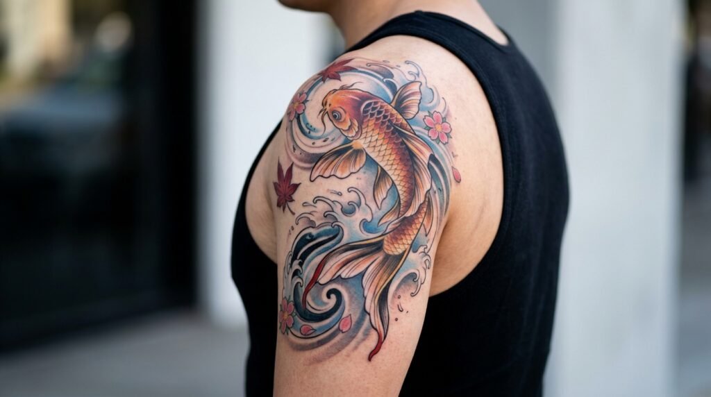 illustrative koi upper arm tattoo