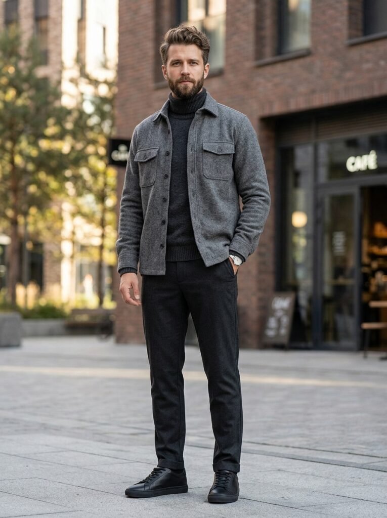 layered grey black outfit men