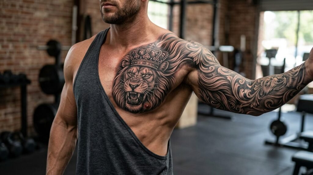 lion chest upper arm tattoo